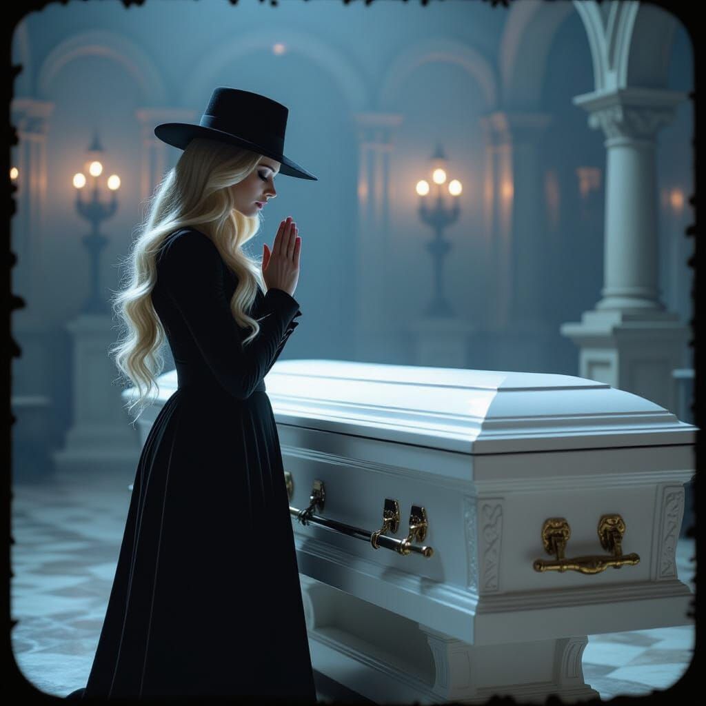 Dramatic Praying Woman in Cinematic Film Still