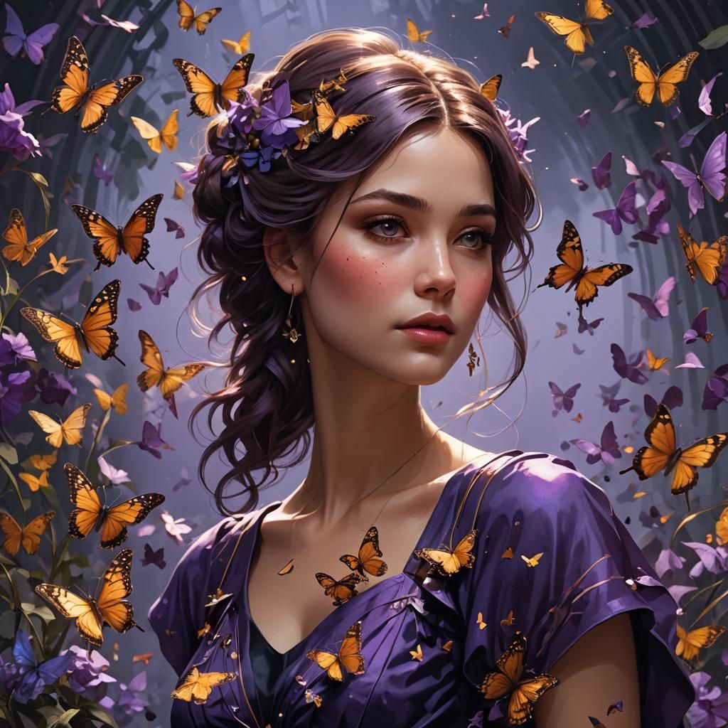 Romantic Woman Portrait with Butterflies in Hyperdetailed St...