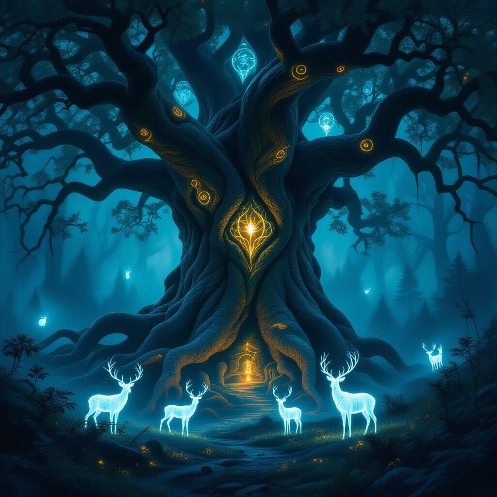 Ancient Tree with Serpent Roots and Glowing Symbols