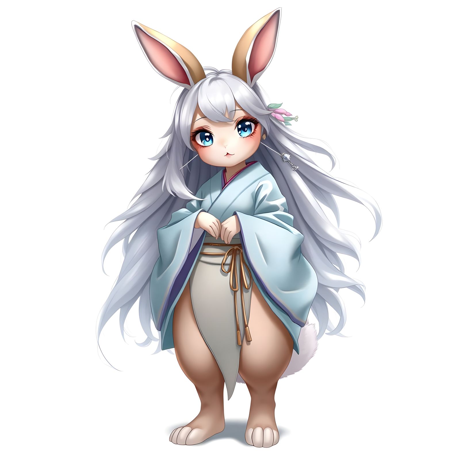 Fantasy Anime Rabbit Maiden in Elegant Silver Kimono
