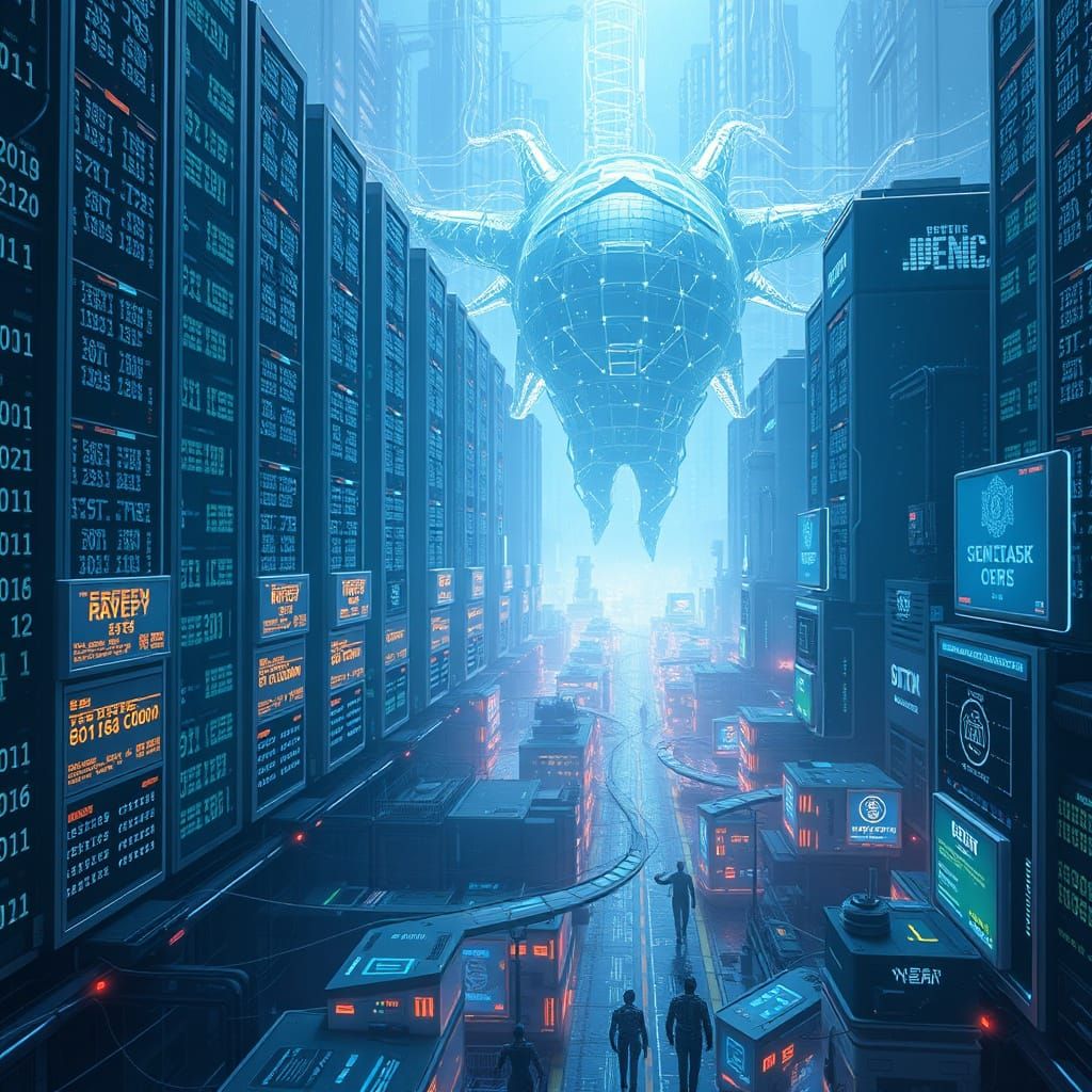 Futuristic Server City With Data Rivers