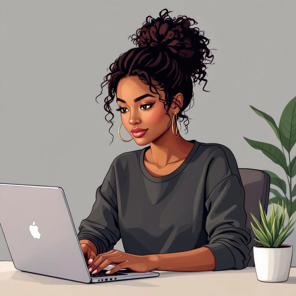 Black Woman at Desk: Coloring Page Line Art