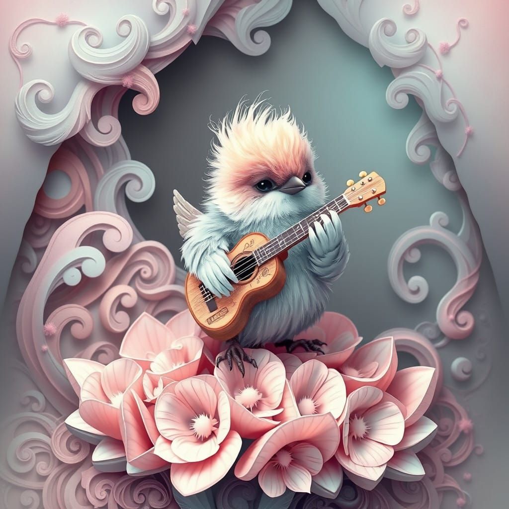 Whimsical Avian Guitarist in Pastel Harmony