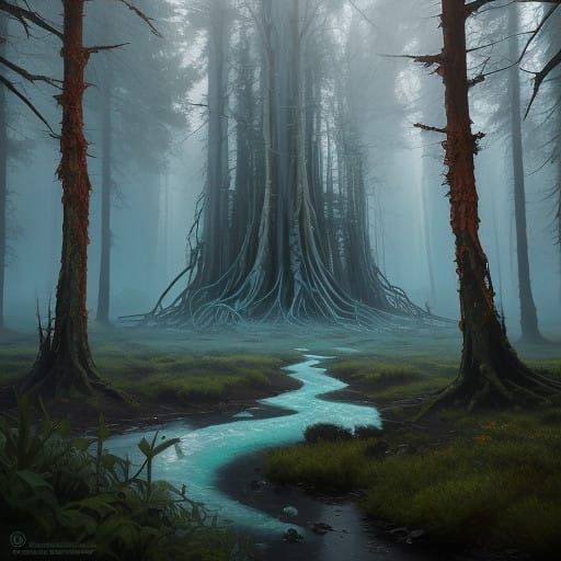 Ethereal Girl in Whimsical Forest Landscape