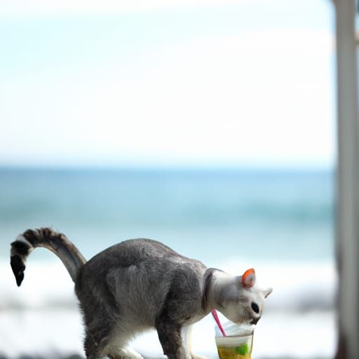 Silver Tabby Cat Enjoys Lemonade on Beach