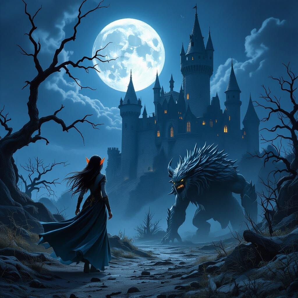 Elf Girl and Monster at Abandoned Castle