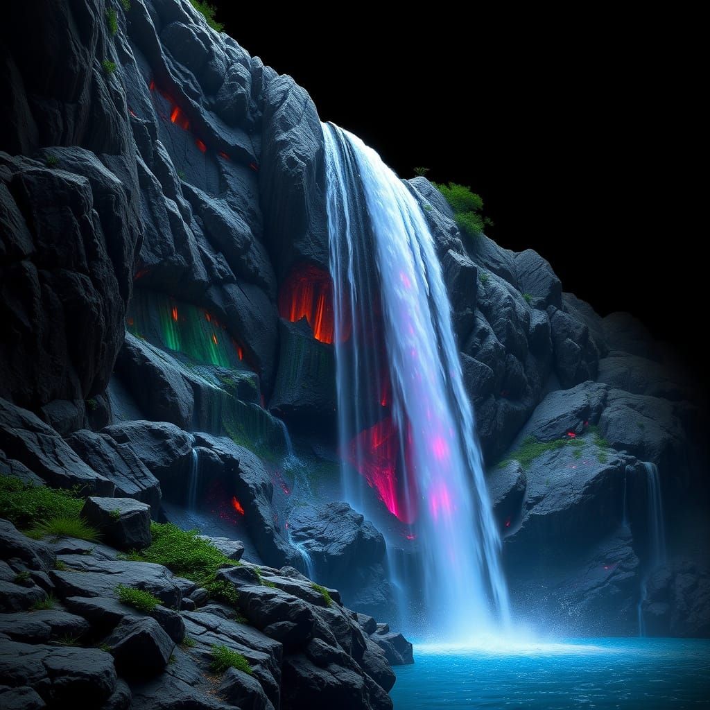 lalique style colorful waterfall black background