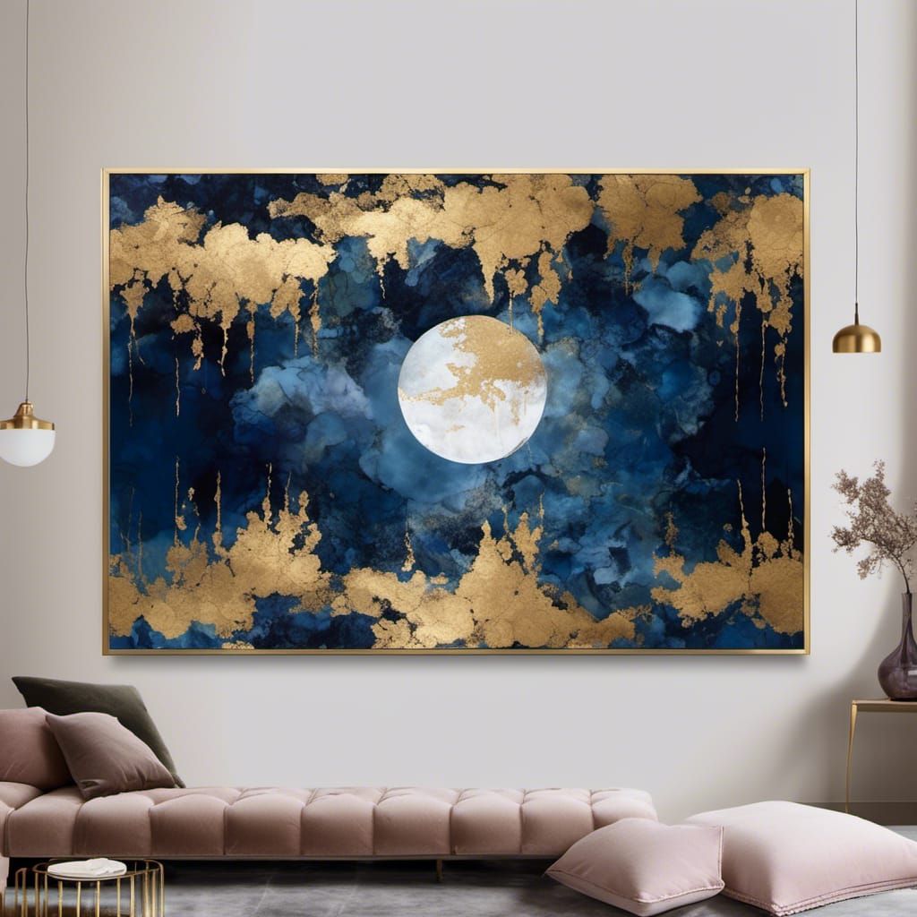 Gold Foil Moon Over Lake Digital Art