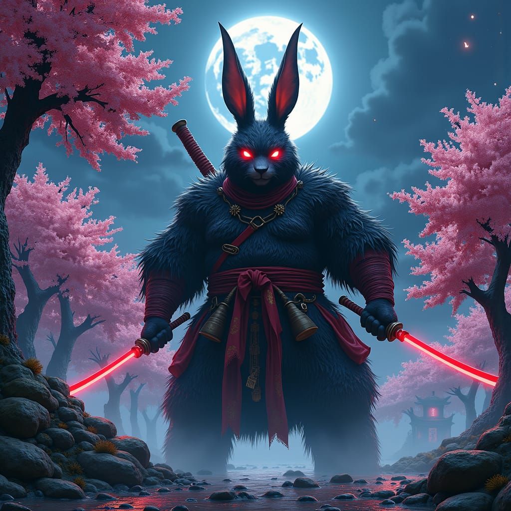 Giant Ninja Rabbit with Swords in Mignola Style