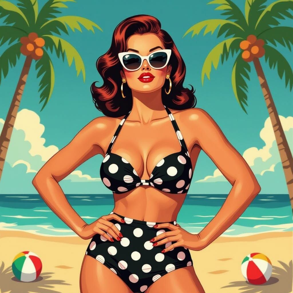 Sultry 1950s Pin-up Girl in Polka-Dot Bikini