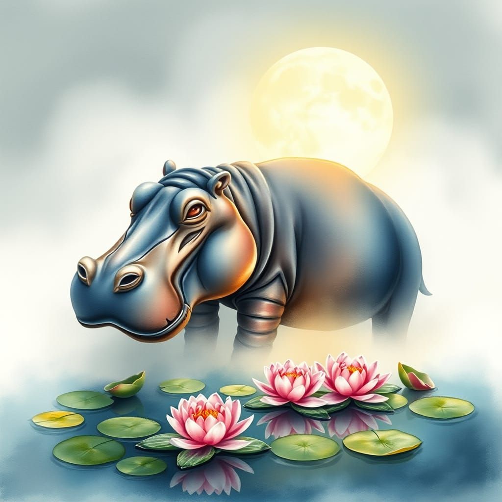 Serene Hippo in Misty Pond, Watercolor Art