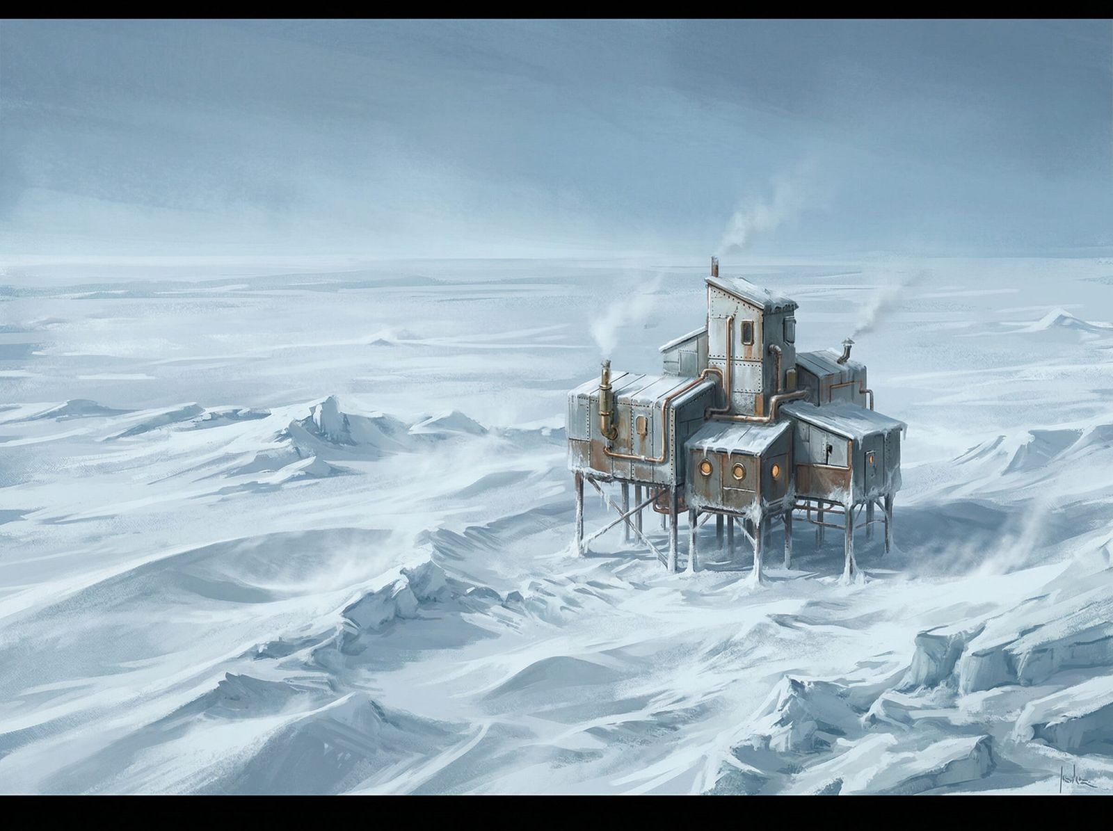 Steampunk Antarctic Research Station in Painterly Style