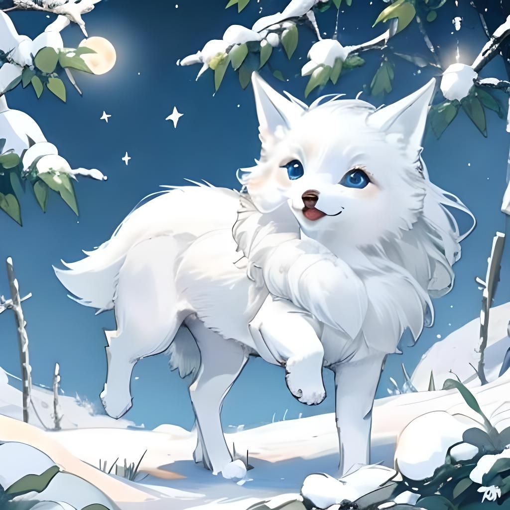 Anime White Fox Hopping in Snow