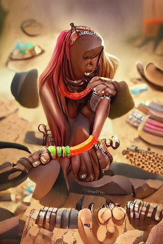 a Himba woman selling bracelets, Nambia trending on Artstation storybook illustration
