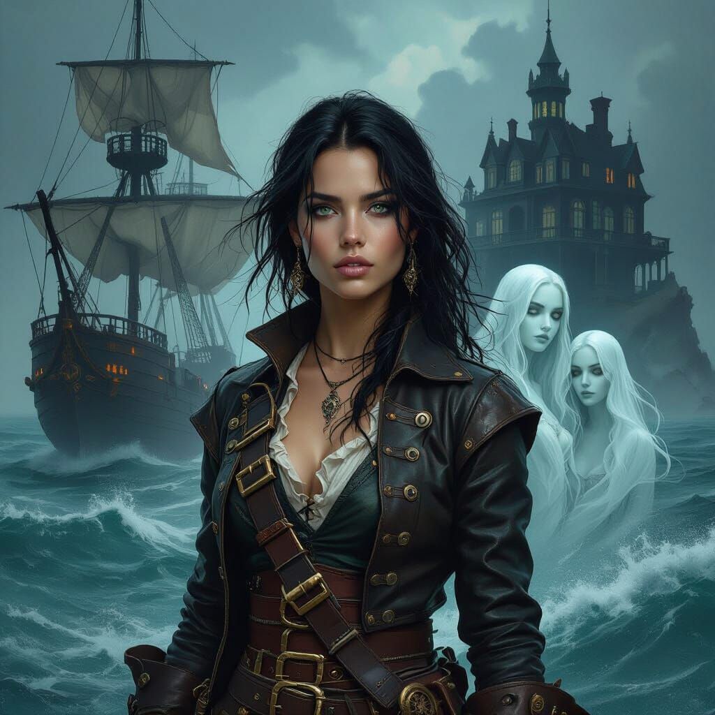 Pirate Woman with Steampunk Ghosts on Ghost Ship