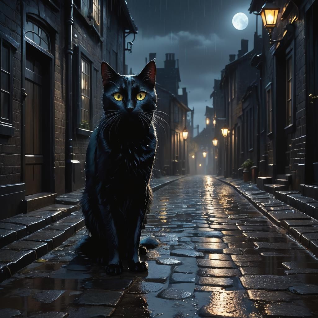 Black Cat in Rainy Alley: Dark Fantasy Art
