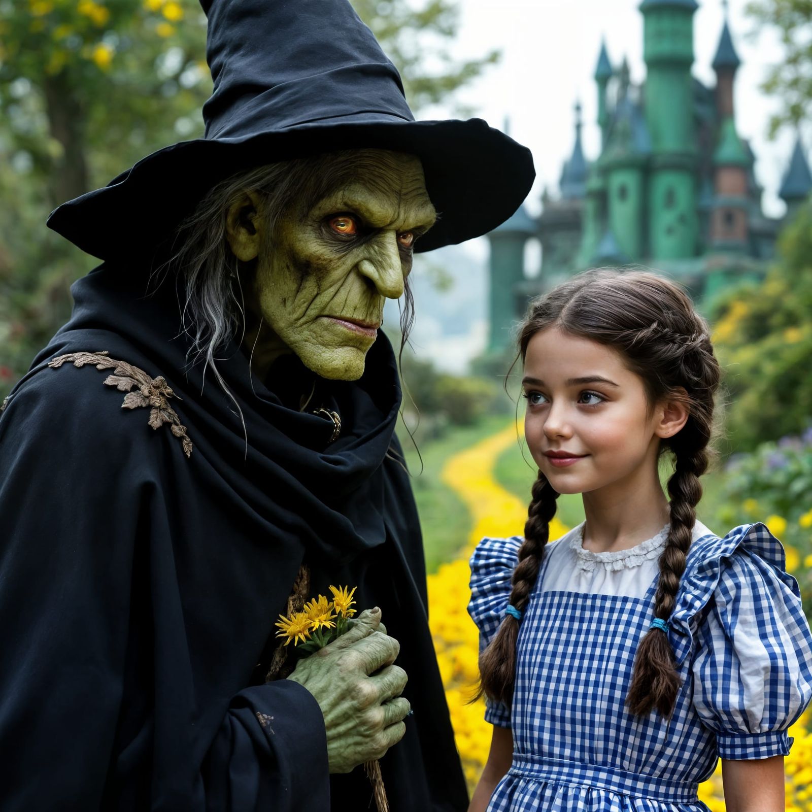 Little Girl in Gingham Pinafore Dress with Wicked Witch