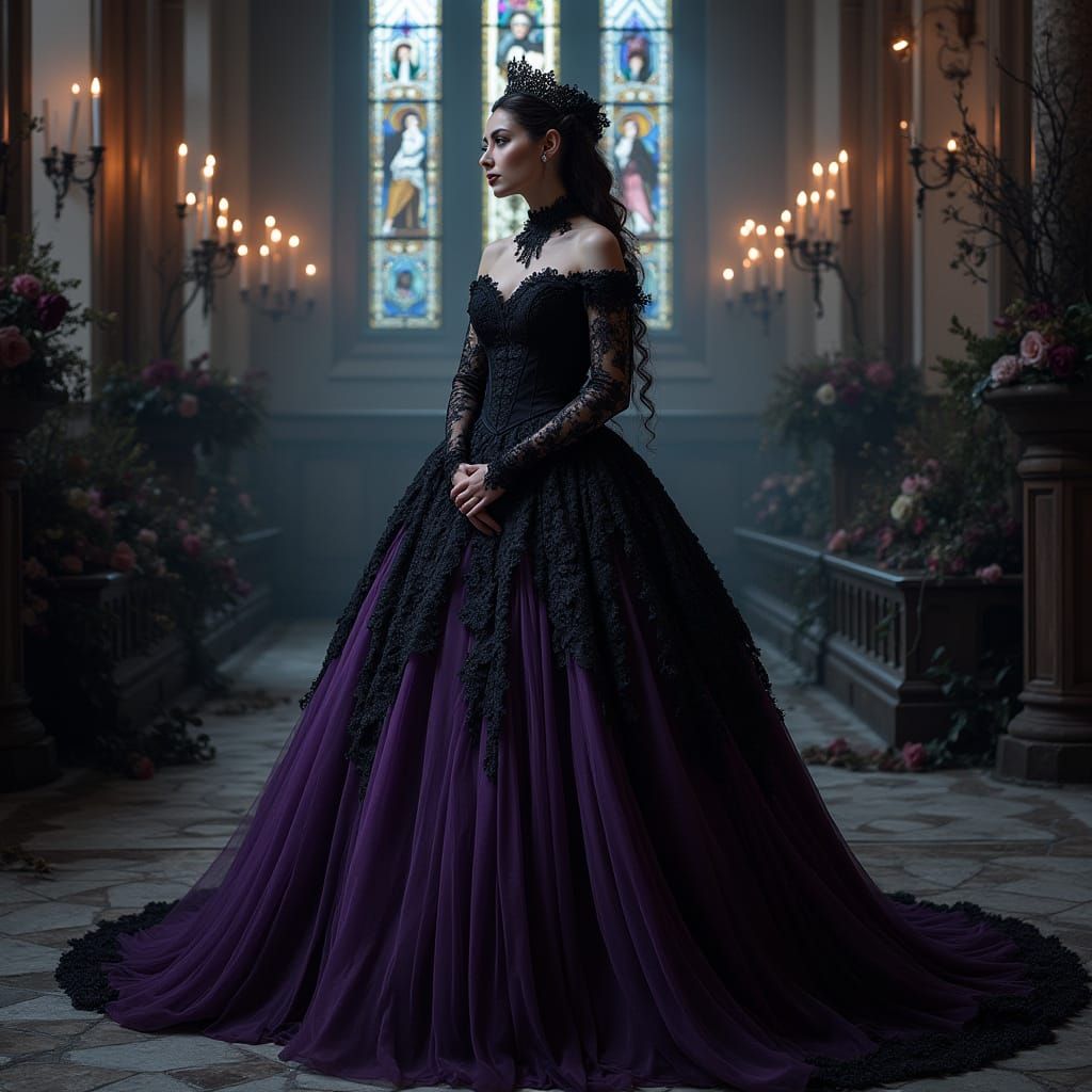 Ethereal Gothic Bride in Majestic Black and Purple Wedding G...