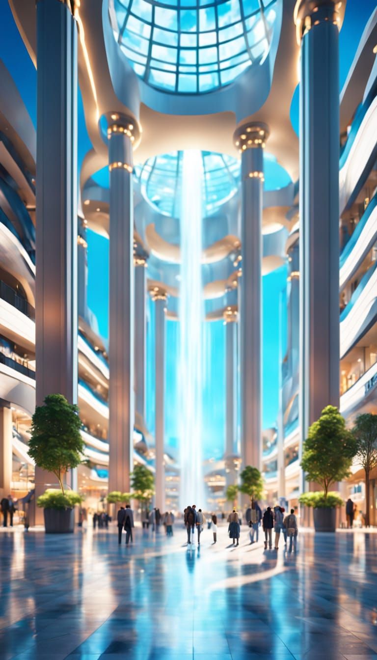 Futuristic Mall with Giant Waterfall in 8K