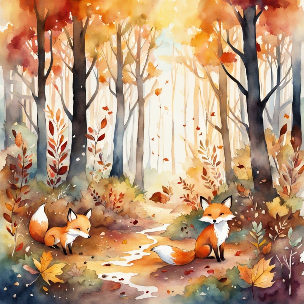 Watercolor Foxes Playful in Golden Hour Autumn Forest