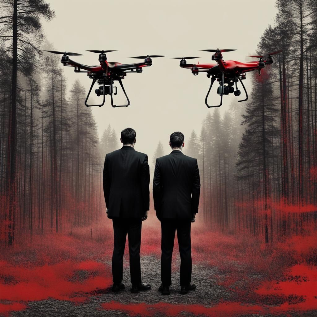 Mysterious Men in Black Surveillance in a Dark Pine Forest