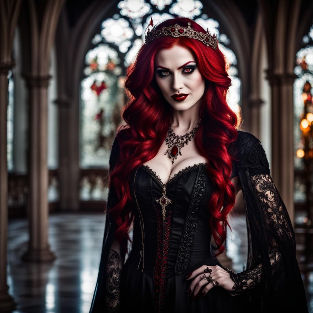 Gothic Vampiress Queen in Catholic Church, Detailed Photogra...