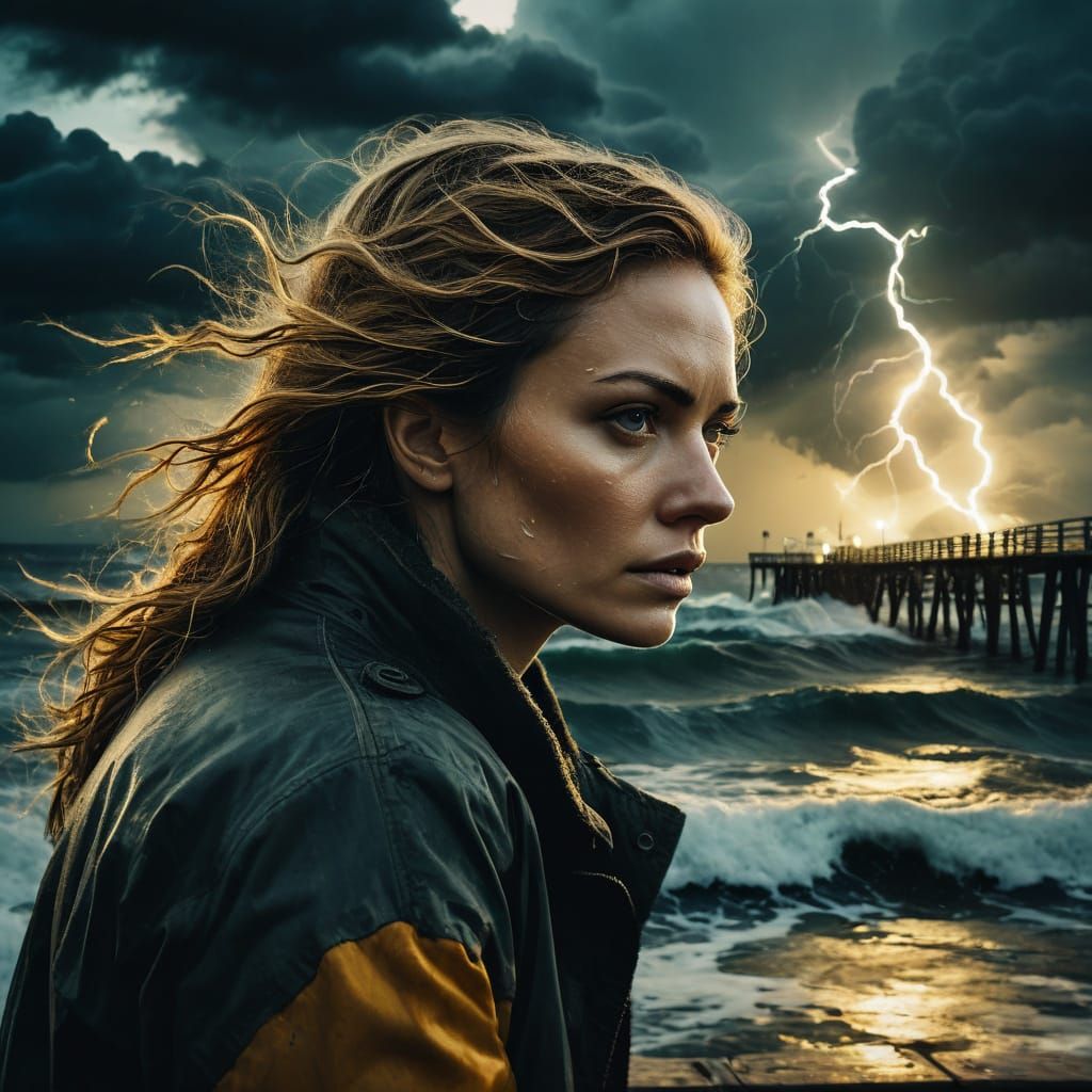 Woman on Pier Amidst Stormy Sea Double Exposure