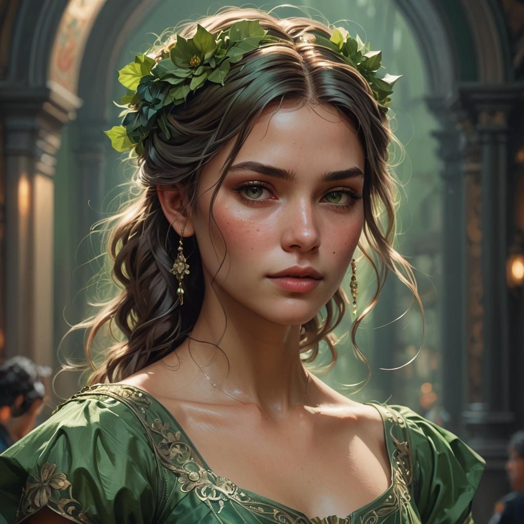 Hyperdetailed Portrait of Girl in Green Dress