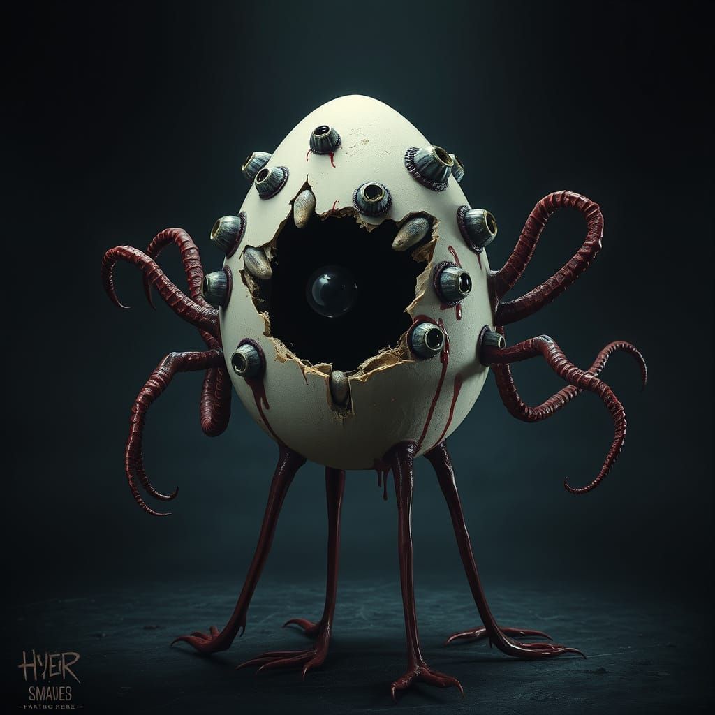 Grotesque Egg Creature with Tentacles and Eyes