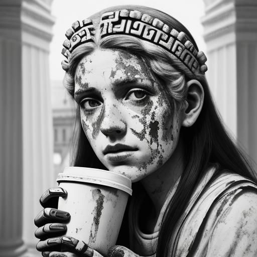 Monochrome Coffee Shop with Robot and Classical Elements