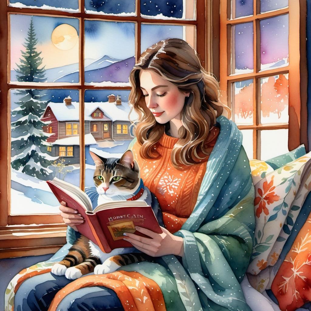 Cozy Reading Scene with Cat in Watercolor Style