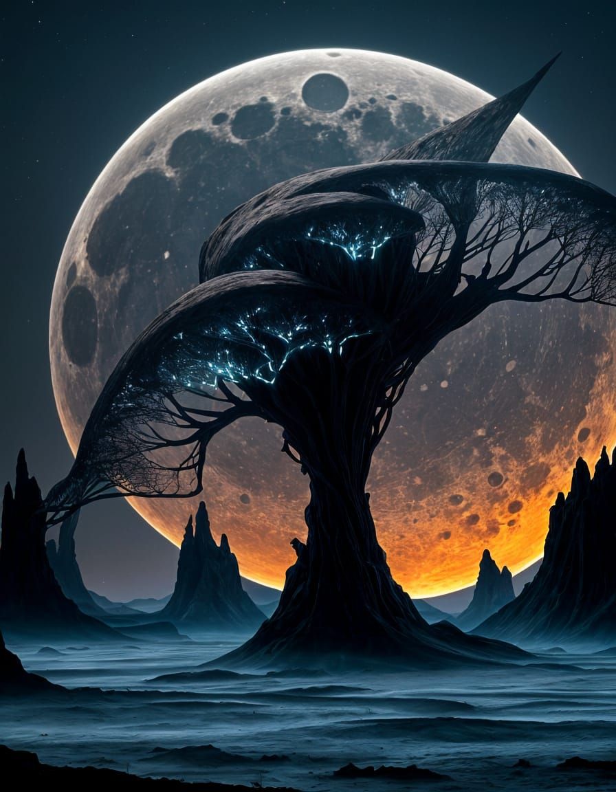 Ethereal Alien Landscape Under Crescent Moon