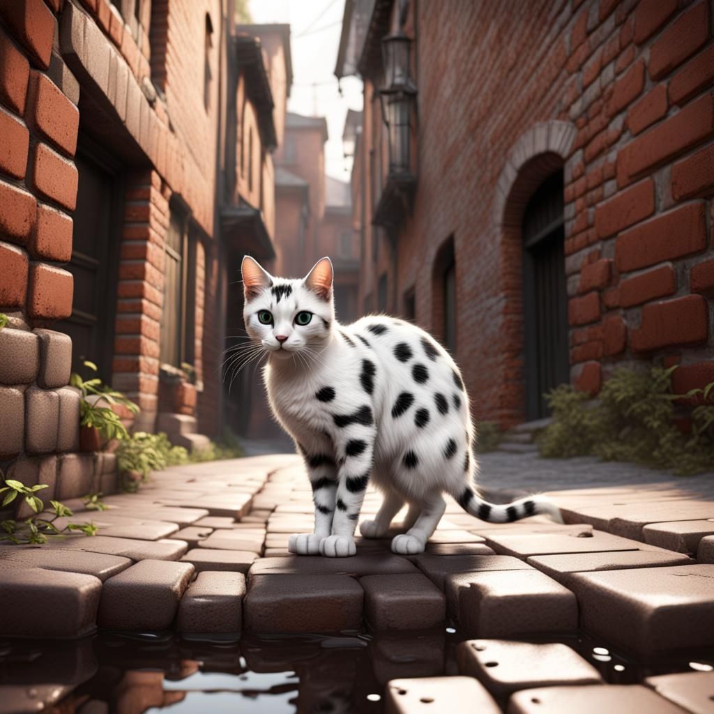 Spotted Cat in Brick Alley: Detailed Matte Painting