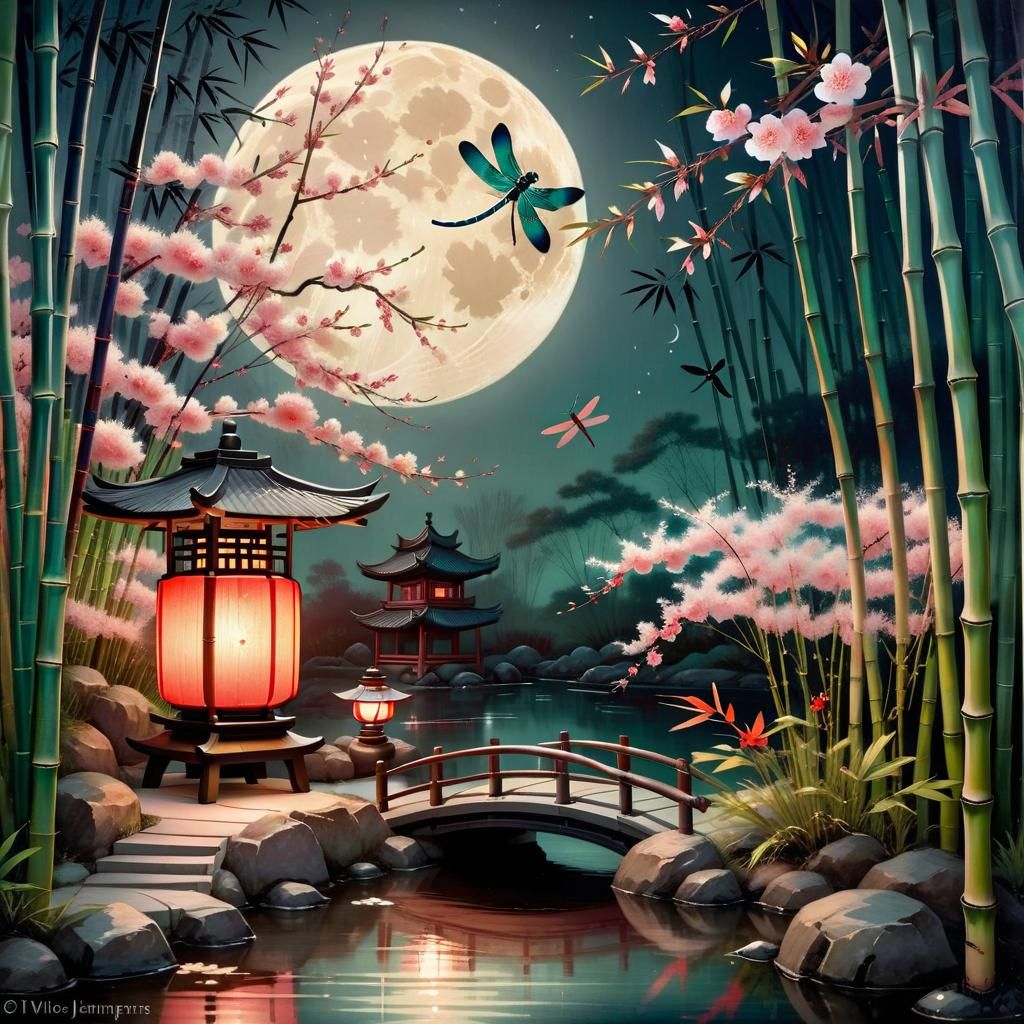 Asian Garden Under Moon: Acrylic Painting on Circular Canvas