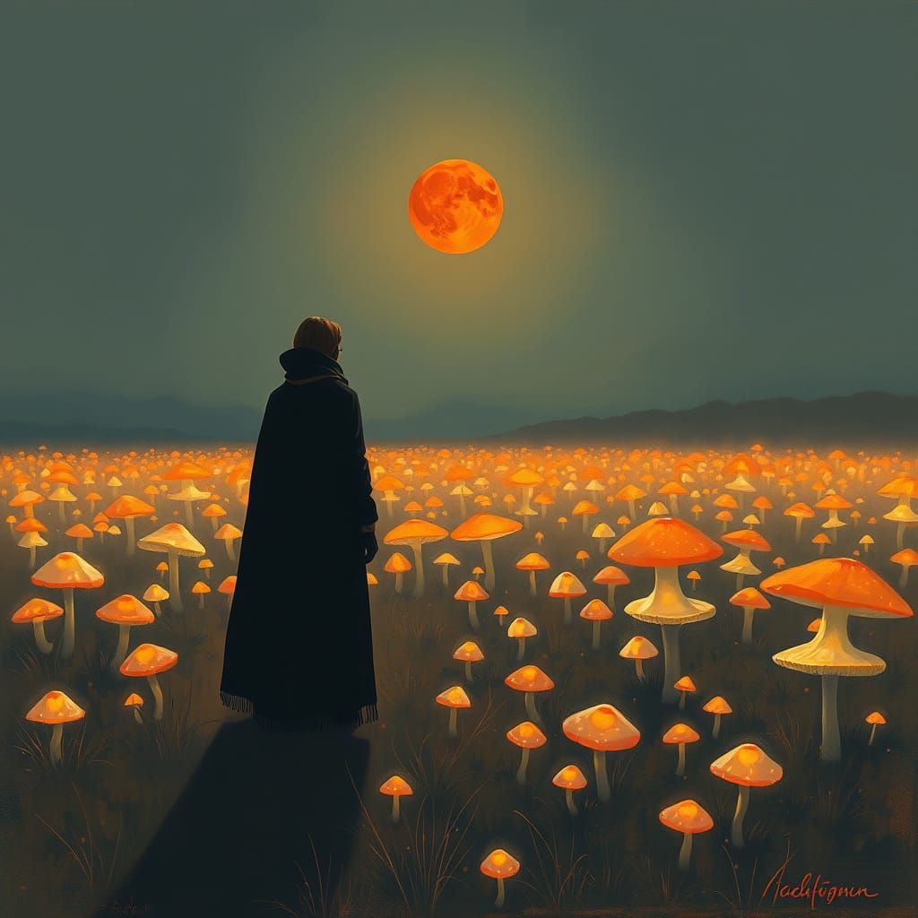 Figure in Bioluminescent Field Under Crimson Moon