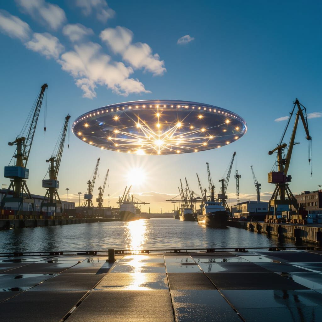 UFO Hovering Over Antwerp Docks in Realistic Daylight
