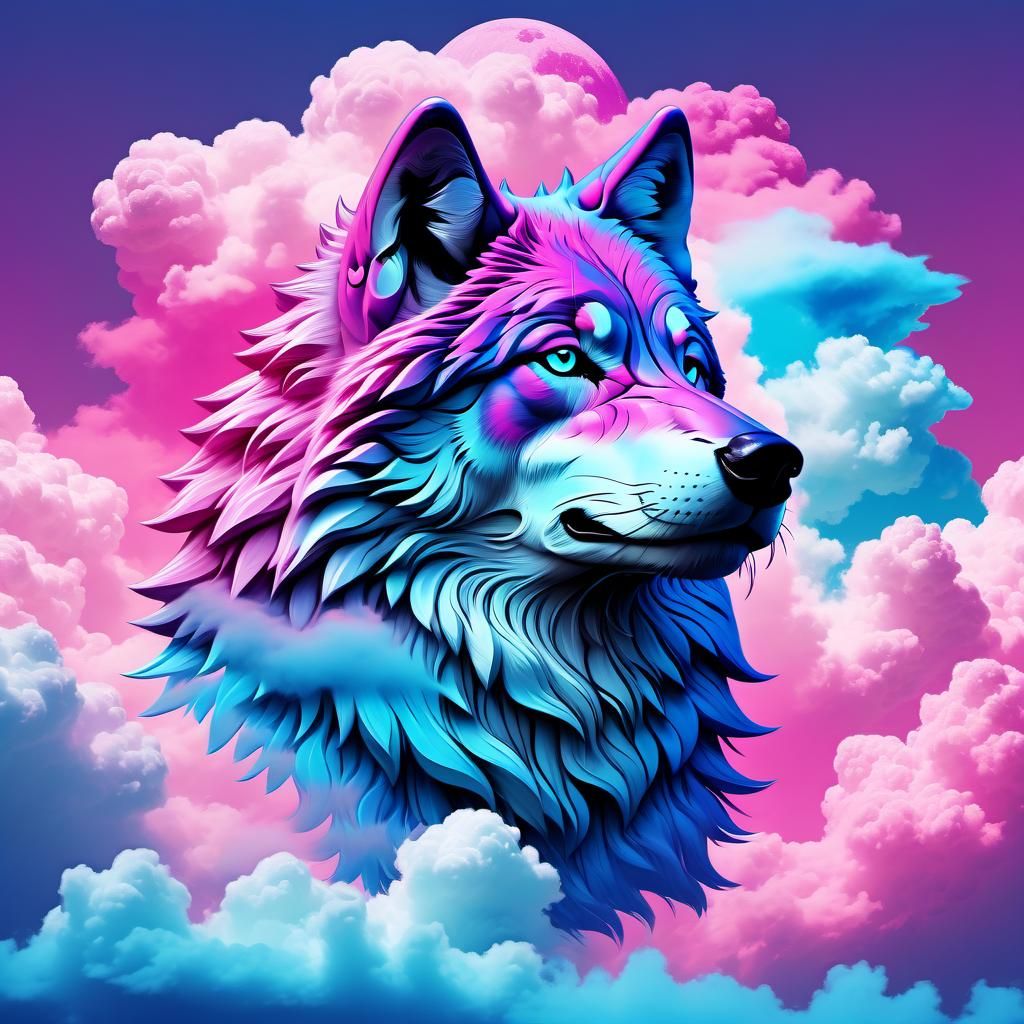 Vaporwave Wolf Made of Pink and Blue Clouds