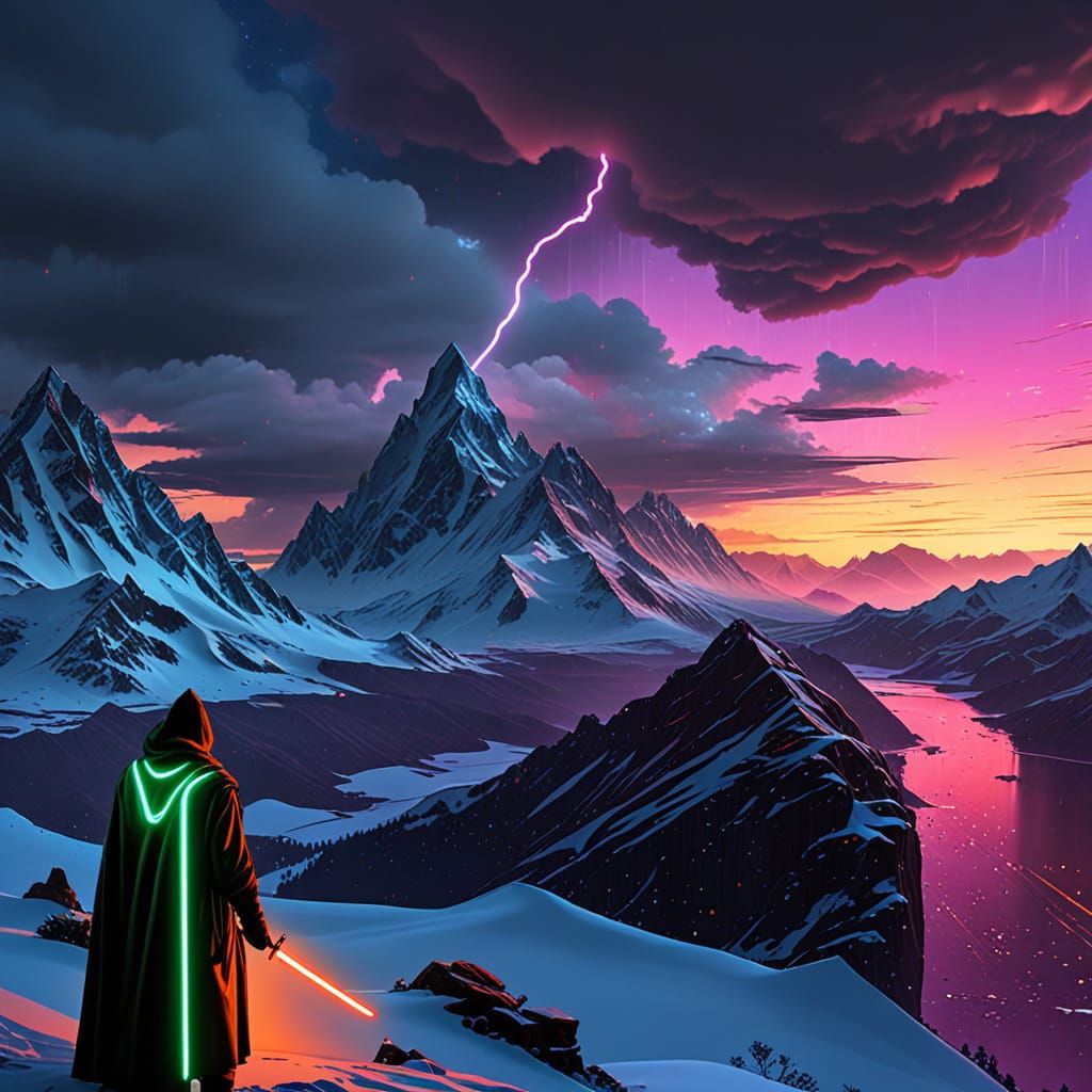 Jedi explorer along a utopia mountain neon acrylic snow Vist...