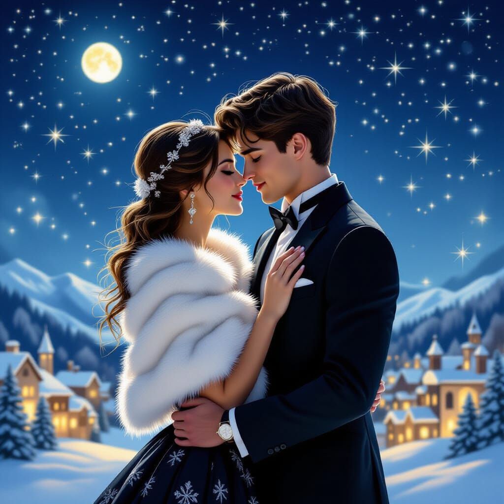 Couple Embracing Under Starry Night Sky