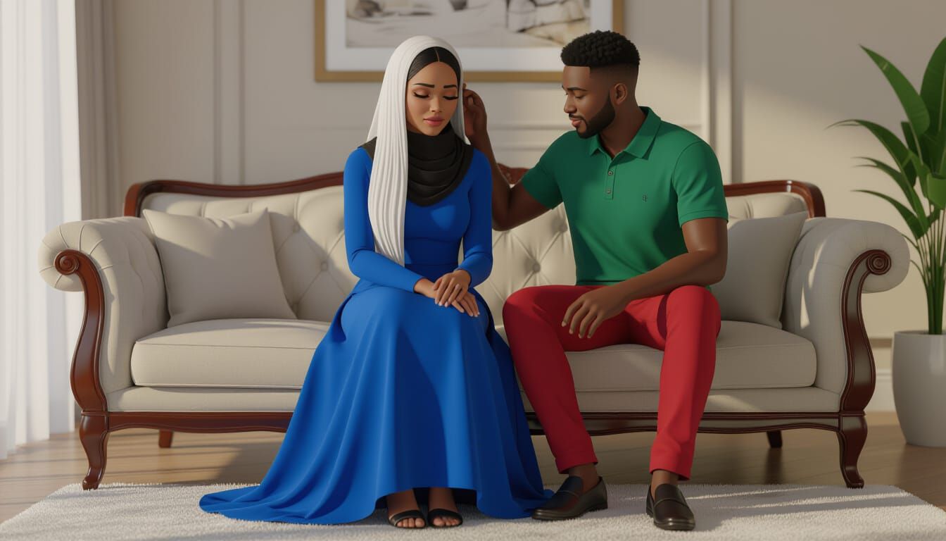 African Woman Cries as Man Comforts Her in Luxurious Parlor