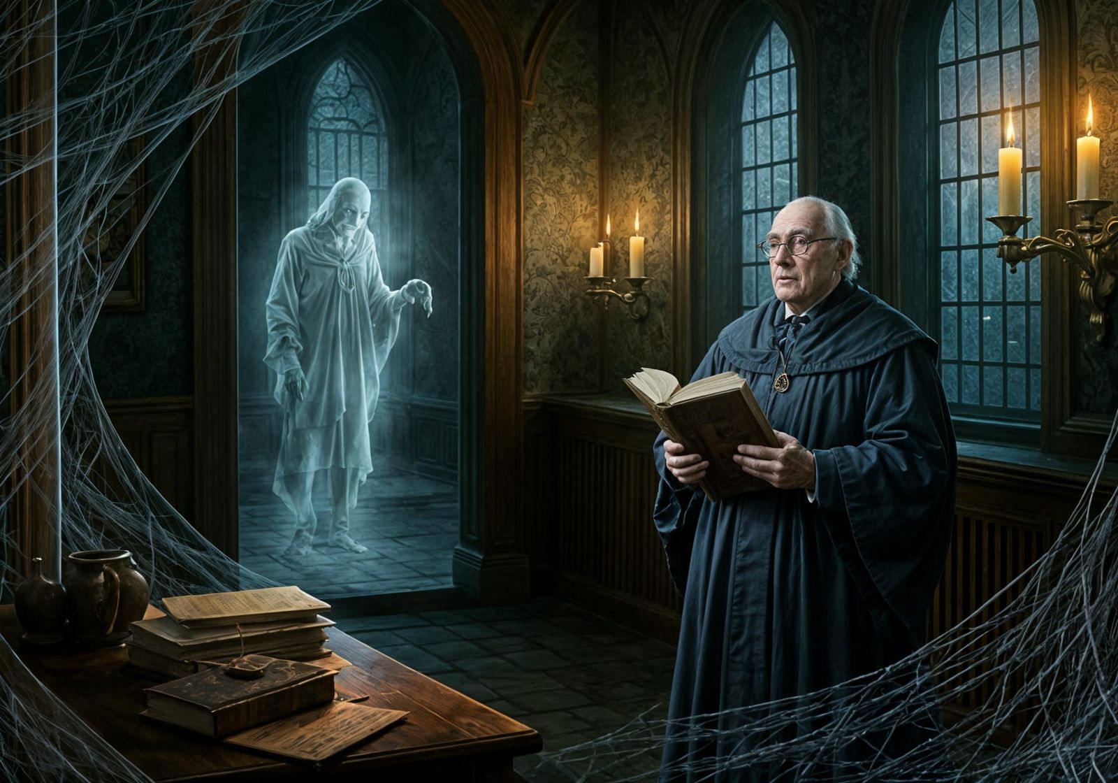 Scholarly Man Encounters Ghost in Gothic Horror Style