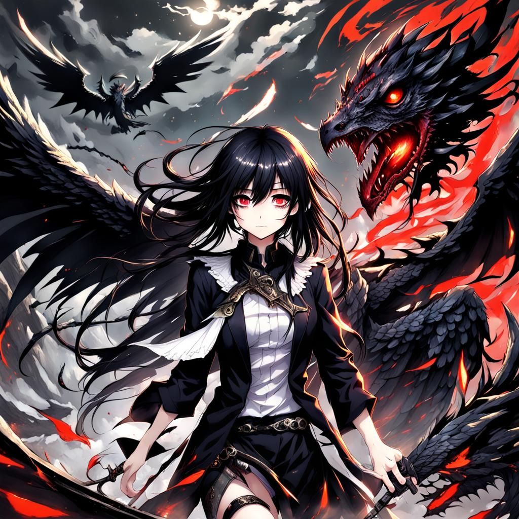 Fallen Angel with Dragon in Anime Style