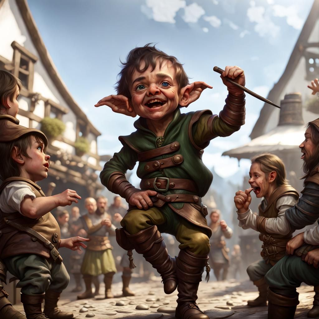 Halfling Rogue Taunts Humans: Hyperrealistic Fantasy Art