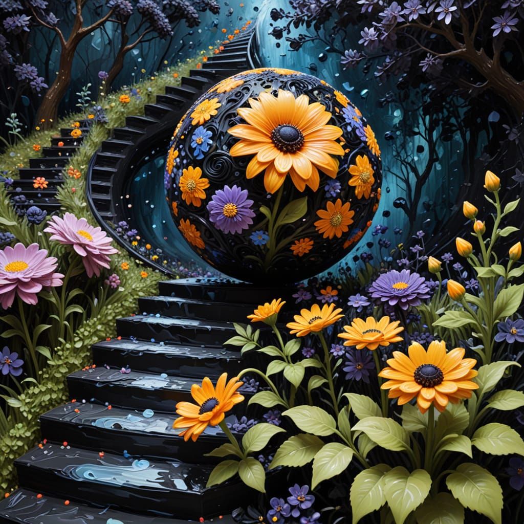 Blooming Vortex in Dark Woods, Impasto 3D Flower Close-Up