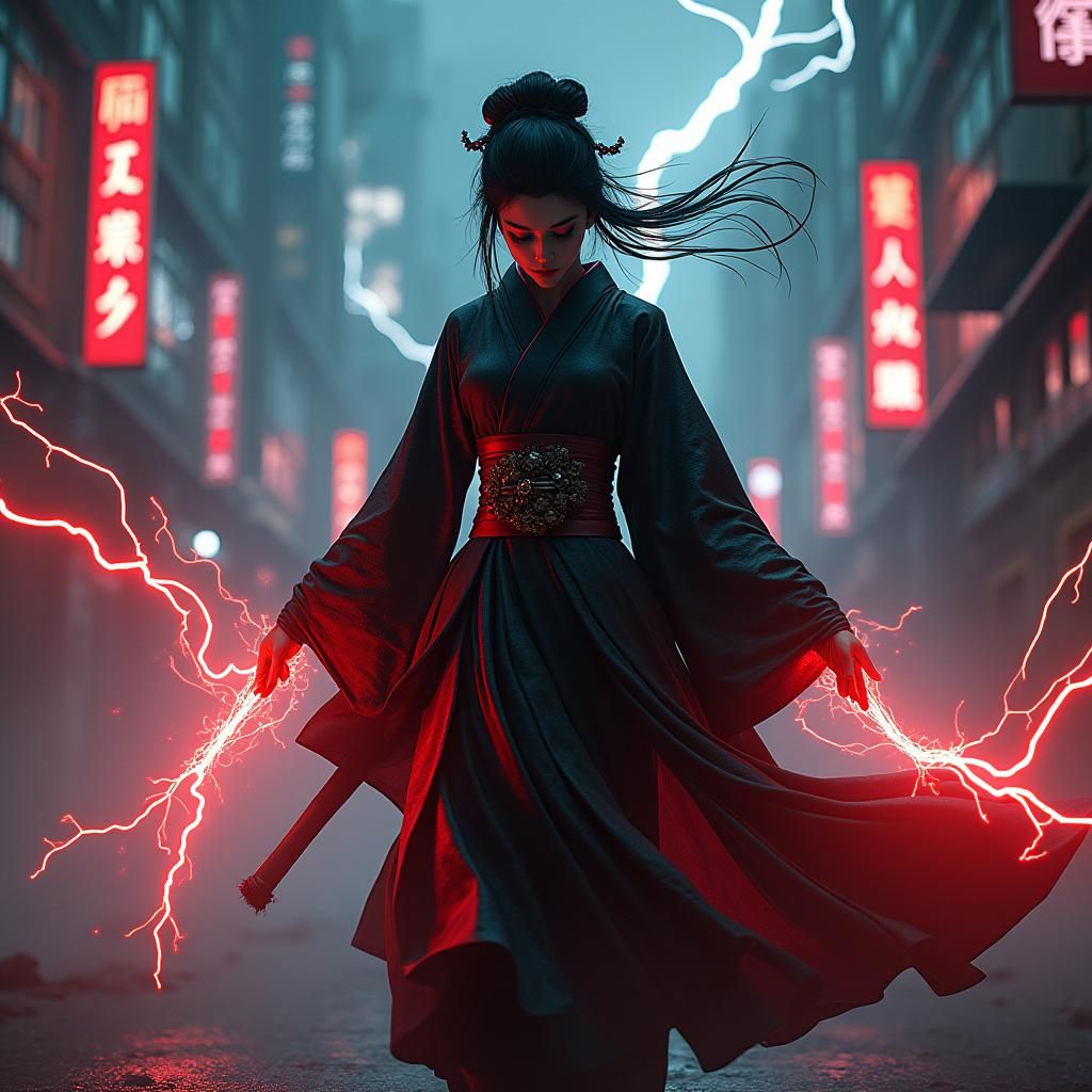 Geisha Assassin Wields Magic in Cyberpunk Cityscape