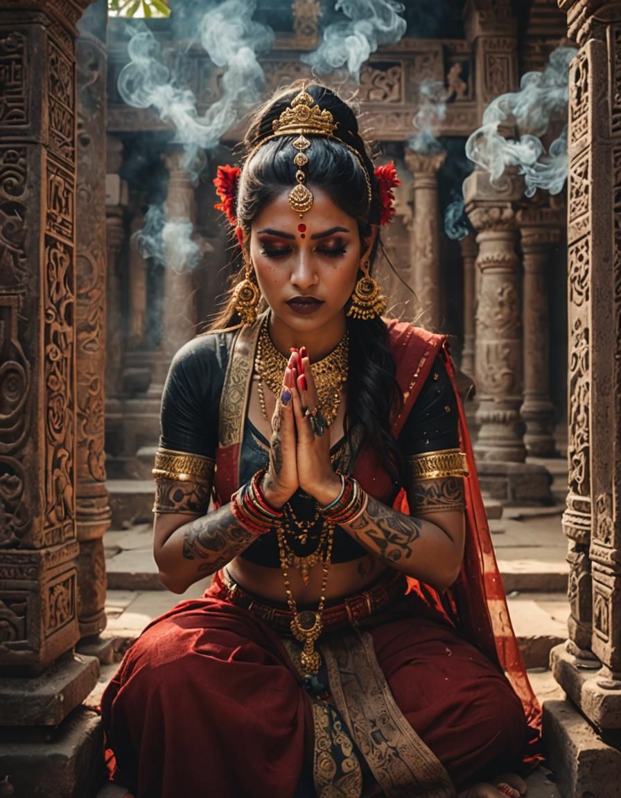 Mystical Indian Priestess in Ancient Temple