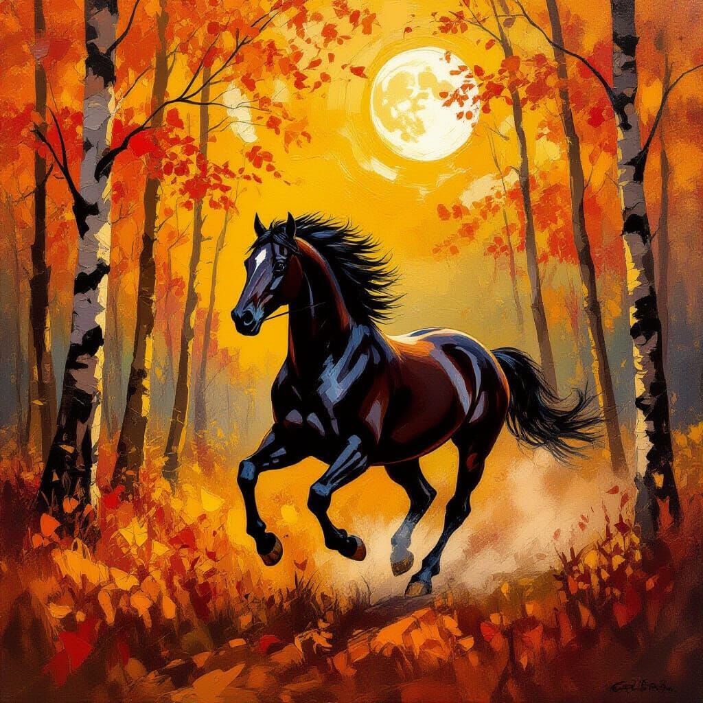 Stallion Runs Through Autumn Forest as Oil Painting