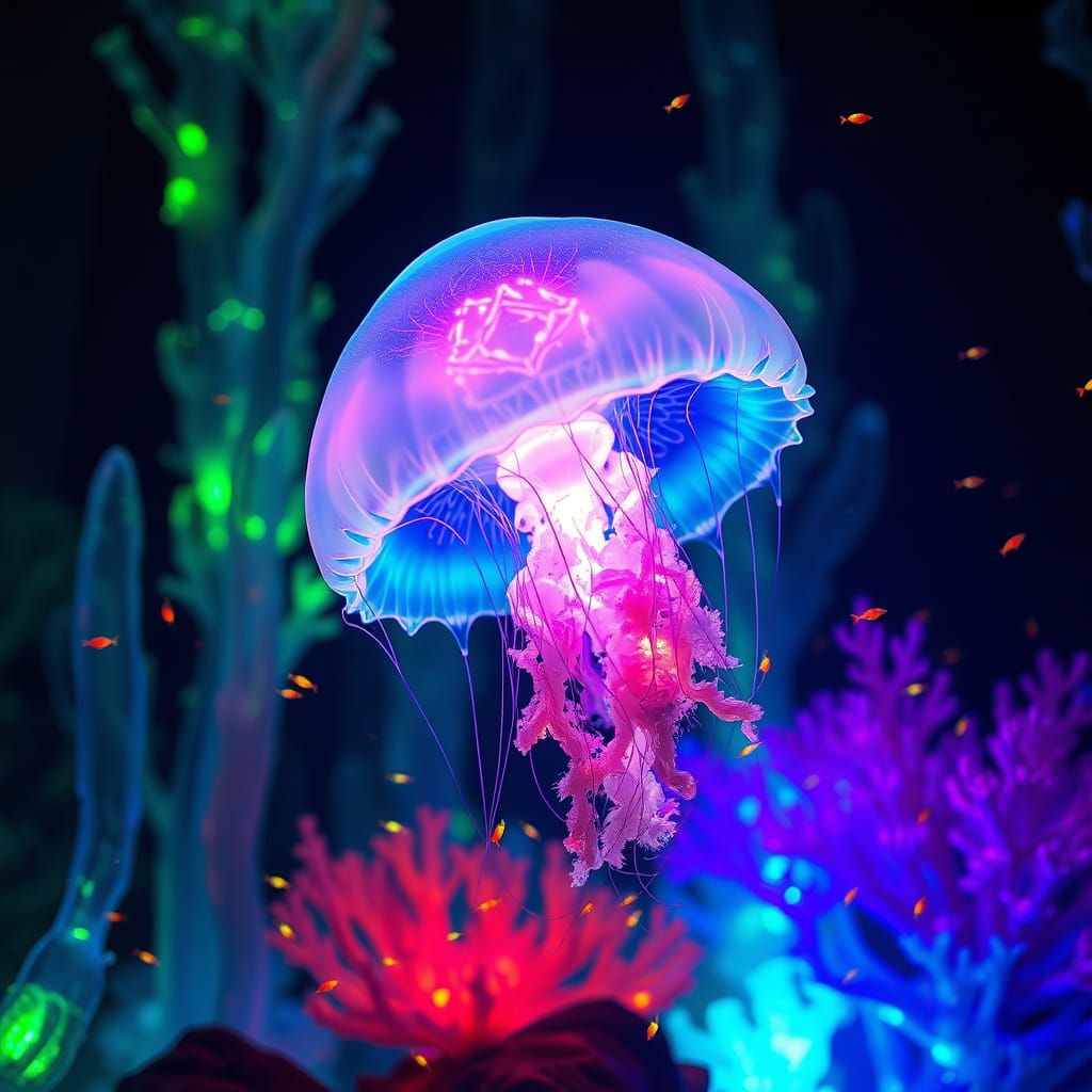 Bioluminescent Jellyfish Drifting Through Underwater Crystal...