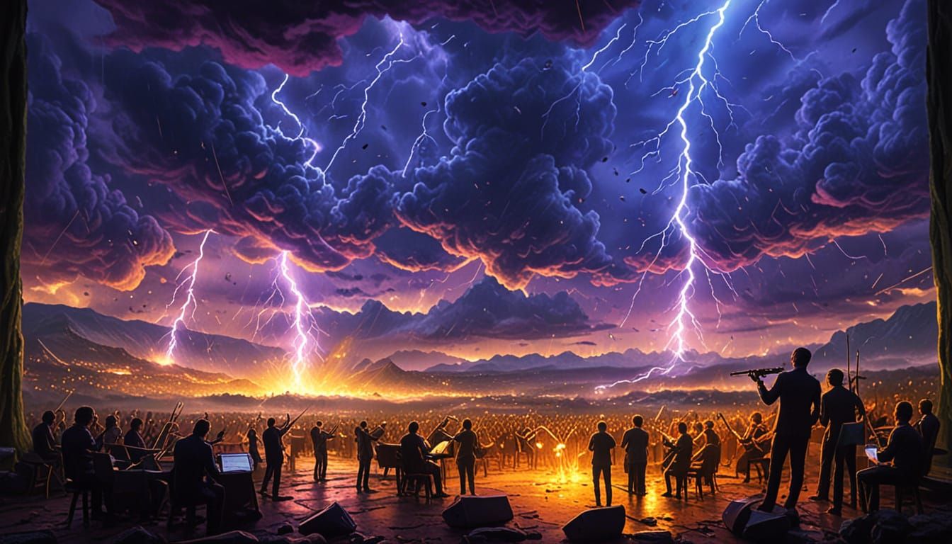 Band and Symphony Perform Amidst a Stormy Landscape