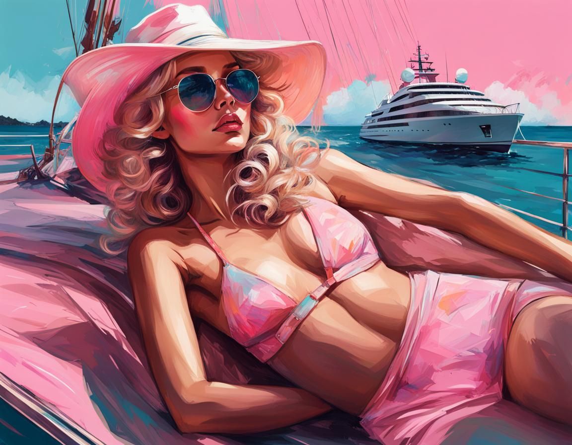 Gina on Yacht: Digital Chalk Art Illustration